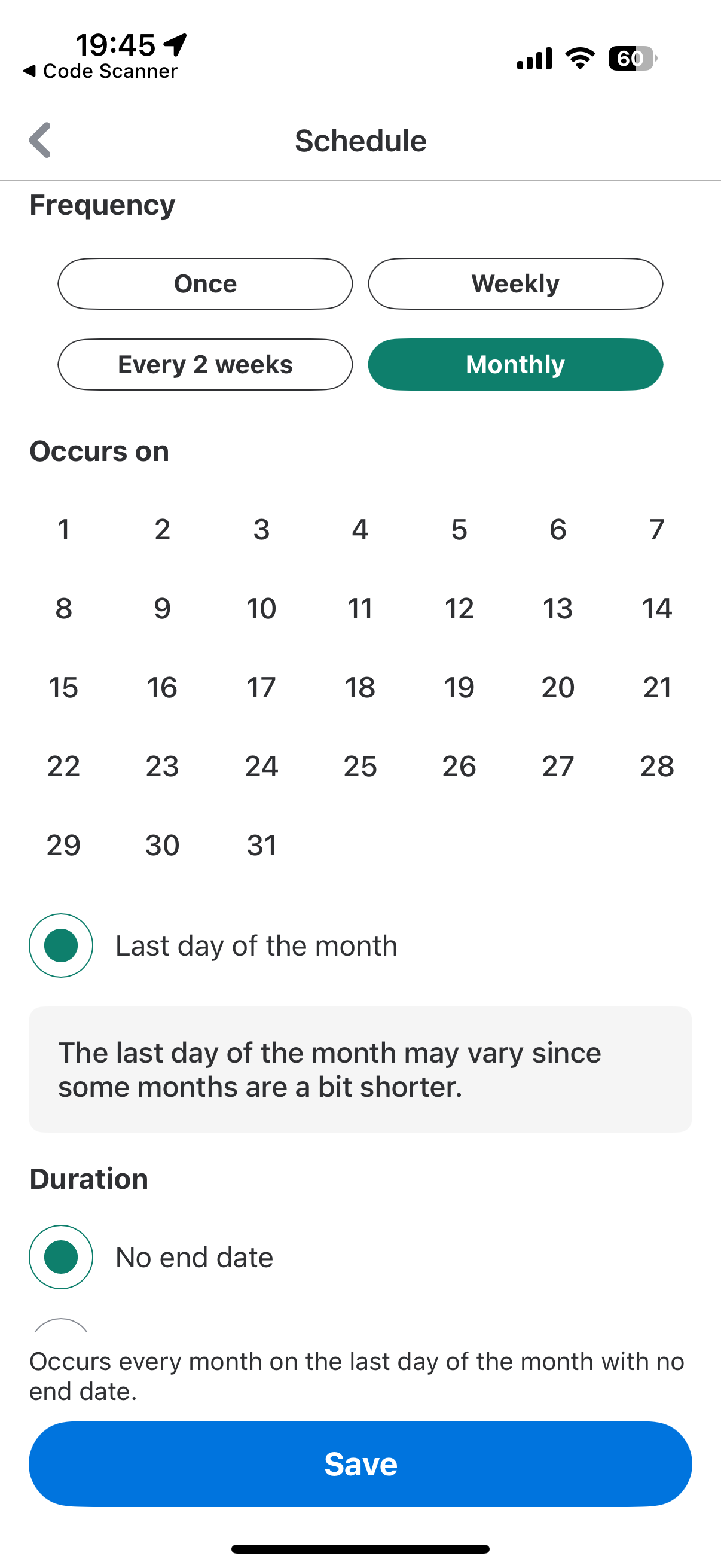 Venmo frequency options
